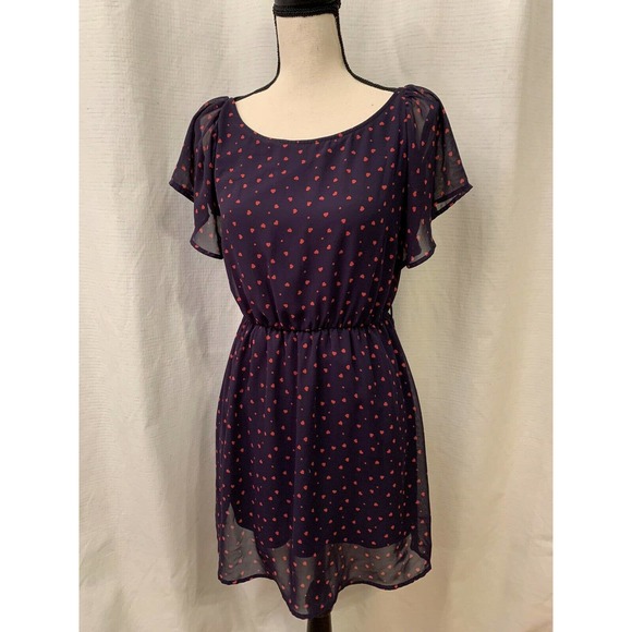 Forever 21 Navy Blue Red Heart Print Dress Blouson Short Sleeve Knee Length S - Picture 4 of 7